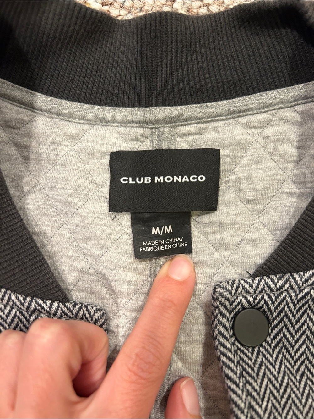 Club Monaco Gray Herringbone Bomber with Black Trim - Picture 2 of 7